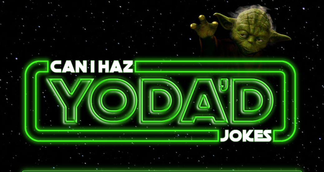 Yoda reaching out of starry space toward the title which is outlined in lightsaber green